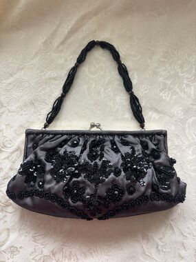 Vintage La Regale Beaded Black Beaded & Sequin Evening Clutch Bag